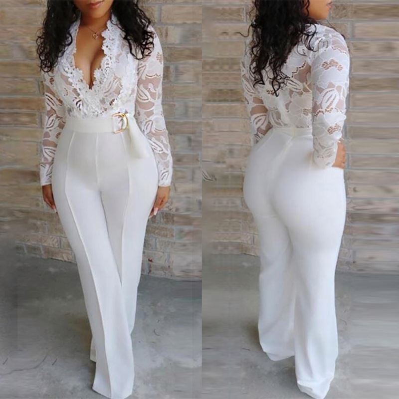 Best Selling Women v Neck Sexy Mesh White Lace Jumpsuit Fall Jumpsuits for Women