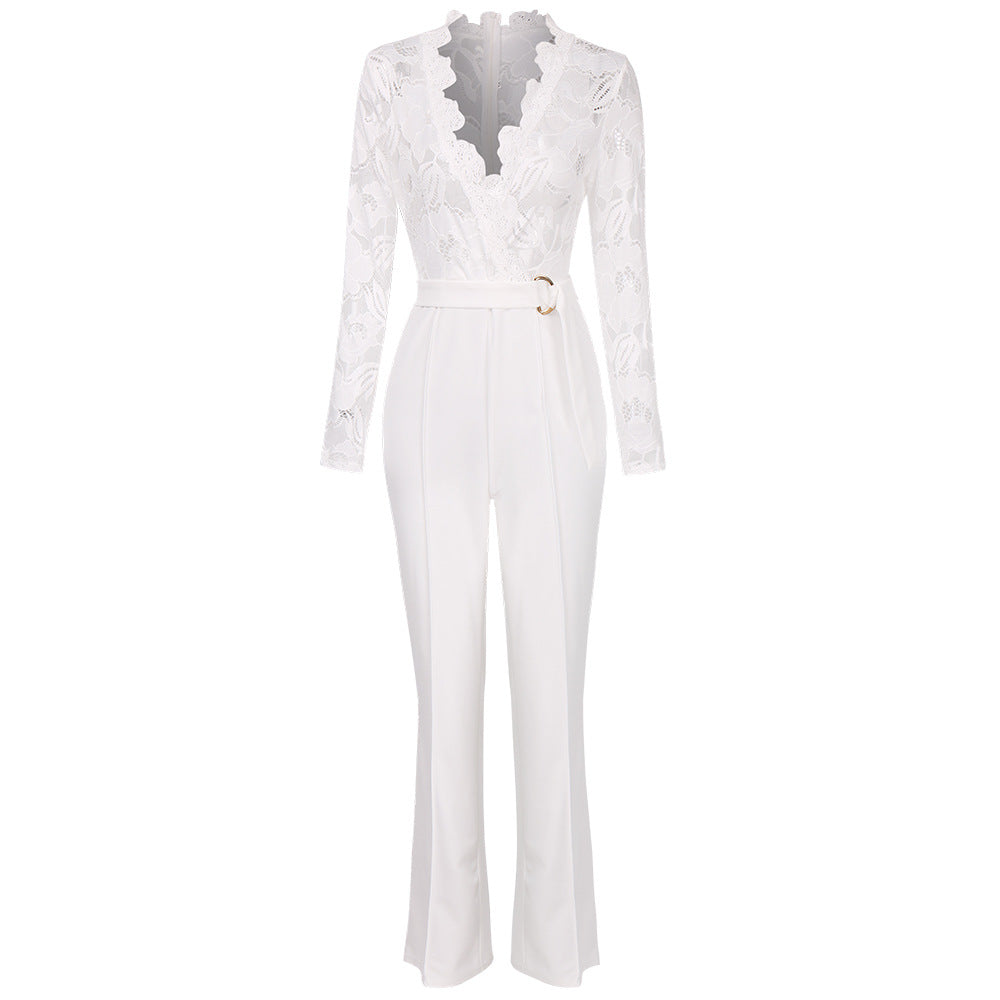Best Selling Women v Neck Sexy Mesh White Lace Jumpsuit Fall Jumpsuits for Women