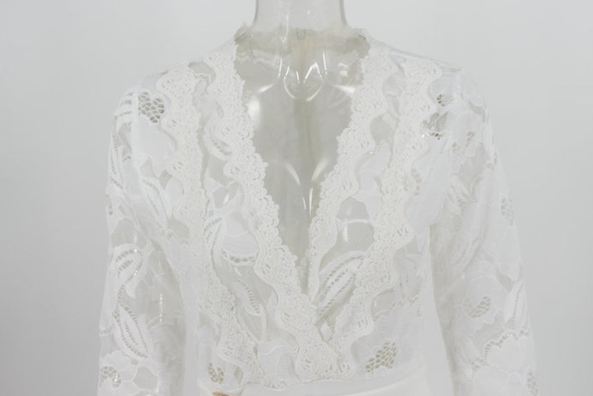 Best Selling Women v Neck Sexy Mesh White Lace Jumpsuit Fall Jumpsuits for Women