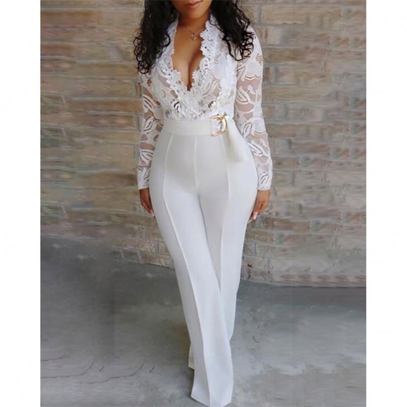 Best Selling Women v Neck Sexy Mesh White Lace Jumpsuit Fall Jumpsuits for Women