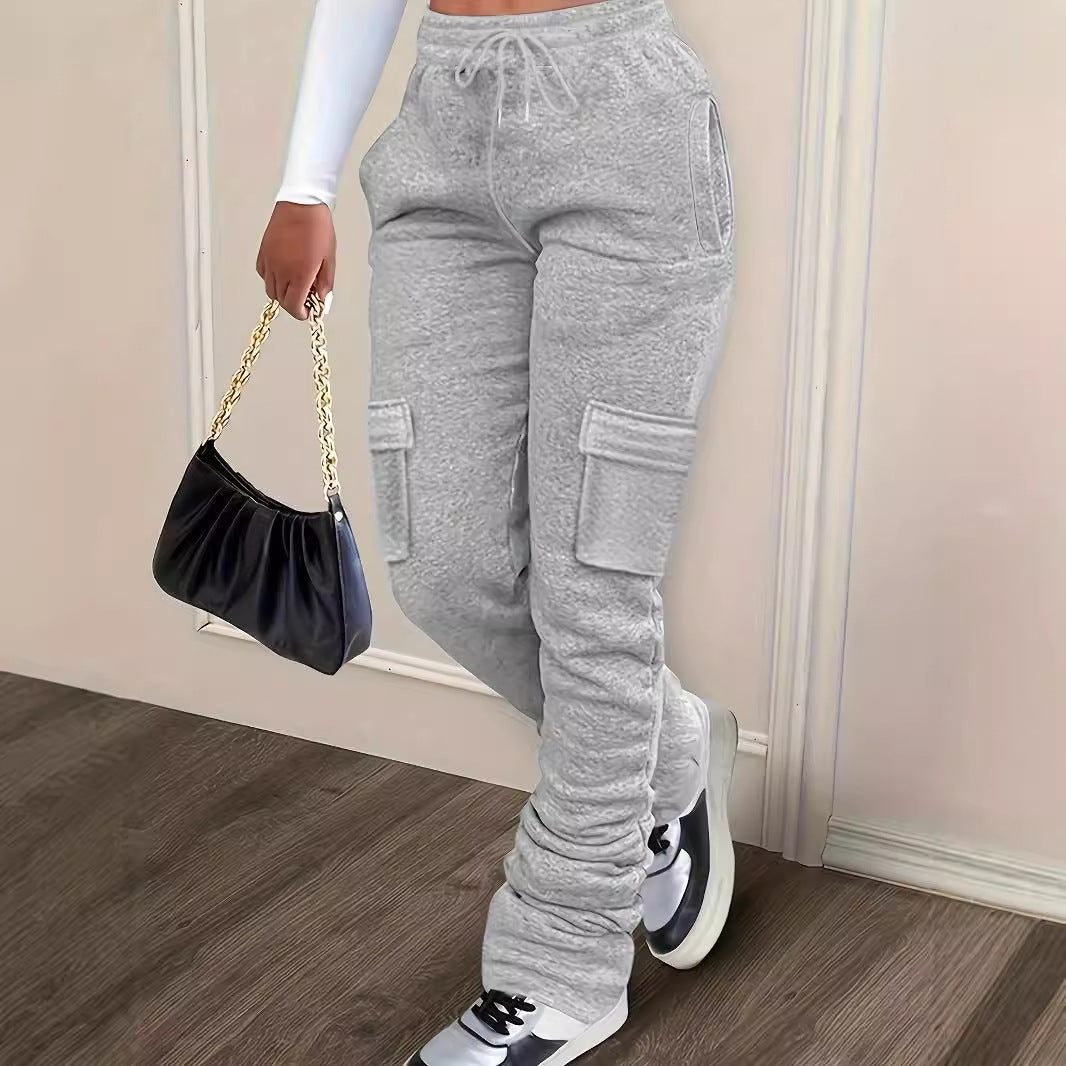 Pure Color Thickened Sweater Fabric Casual Drawstring Pile Pants