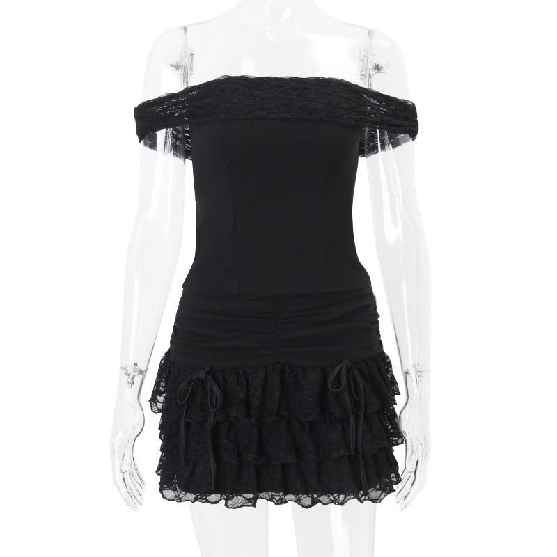 Off-shoulder Tube Top Seamed Lotus Leaf Edge Skirt Suit Women