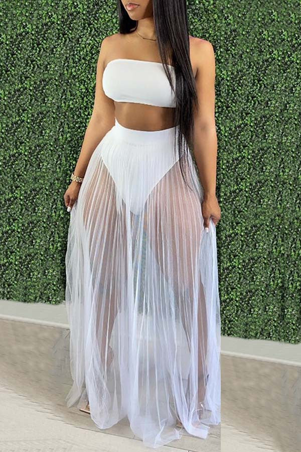 Fashion Women Mesh Pleated Skirt Three-piece Dress