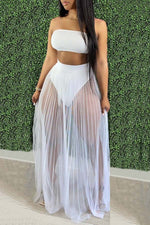 Fashion Women Mesh Pleated Skirt Three-piece Dress