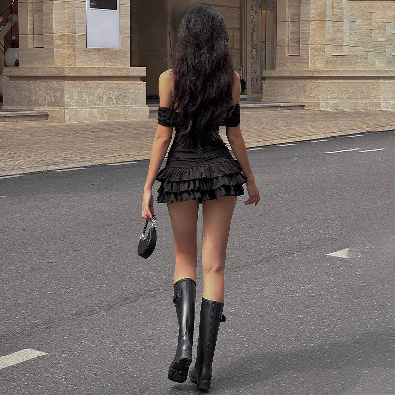 Off-shoulder Tube Top Seamed Lotus Leaf Edge Skirt Suit Women