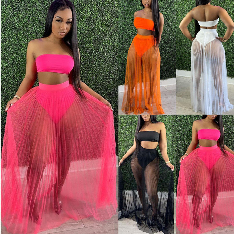 Fashion Women Mesh Pleated Skirt Three-piece Dress