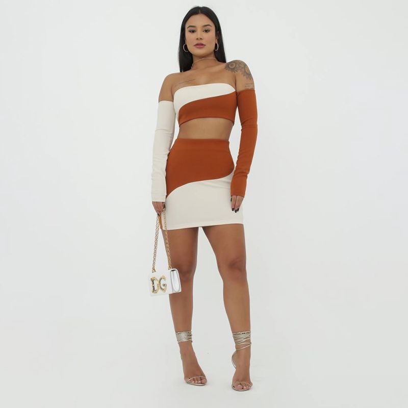 Off-shoulder Contrast-color Sheath Skirt Set Women