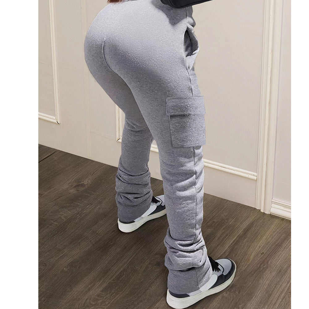 Pure Color Thickened Sweater Fabric Casual Drawstring Pile Pants
