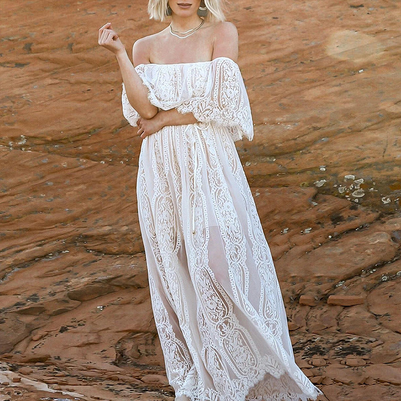 Fashion Off-shoulder Lace Embroidery Dress Women