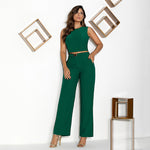 Women's Fashionable Round Neck Sleeveless Top High Waist Pocket Trousers Suit
