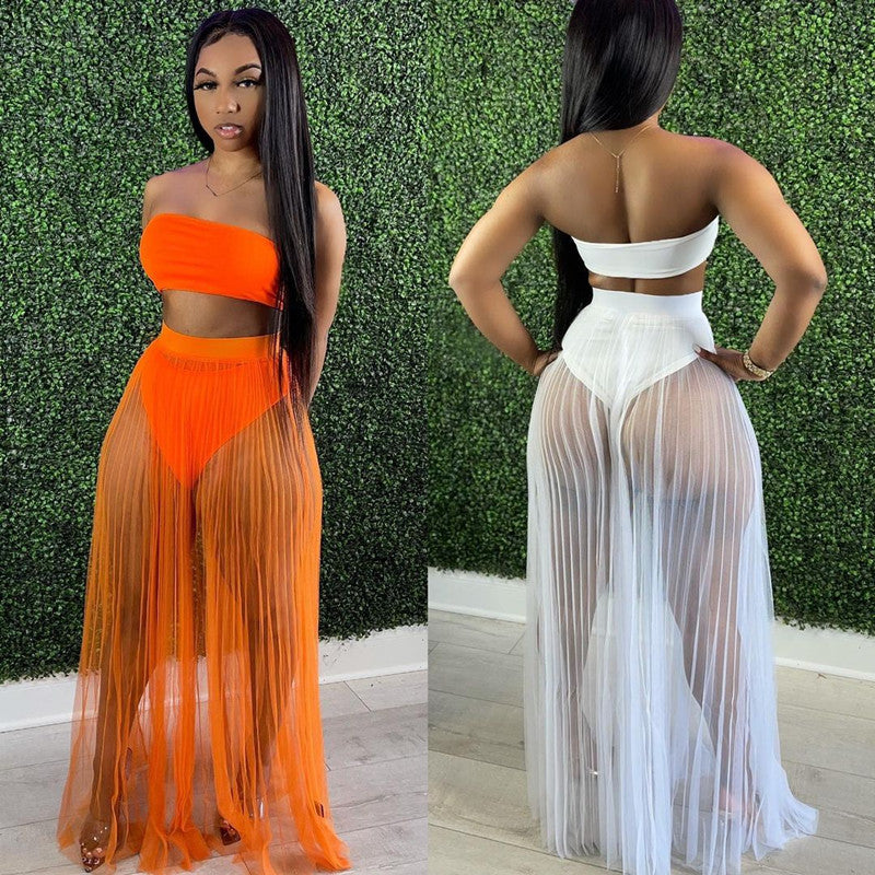 Fashion Women Mesh Pleated Skirt Three-piece Dress