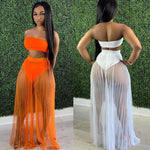 Fashion Women Mesh Pleated Skirt Three-piece Dress