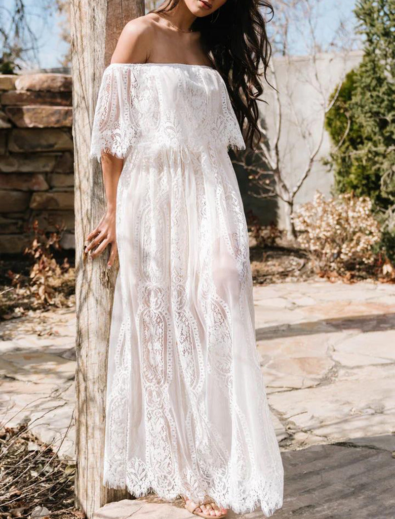Fashion Off-shoulder Lace Embroidery Dress Women