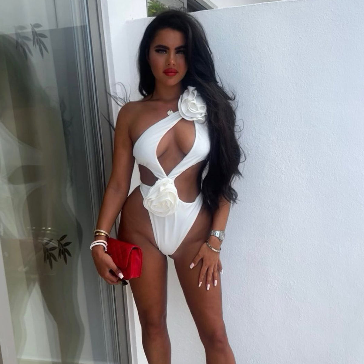 Solid Color Hollow Out One Piece Swimsuit Short Skirt Two-piece Set For Women