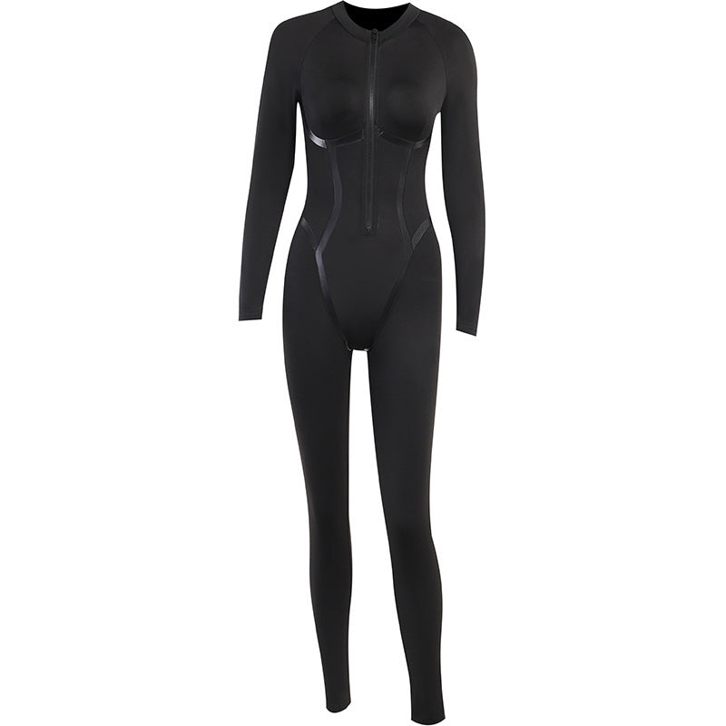 Leather Strap Split Design Sense Sports Style Tight Long Sleeve Jumpsuit