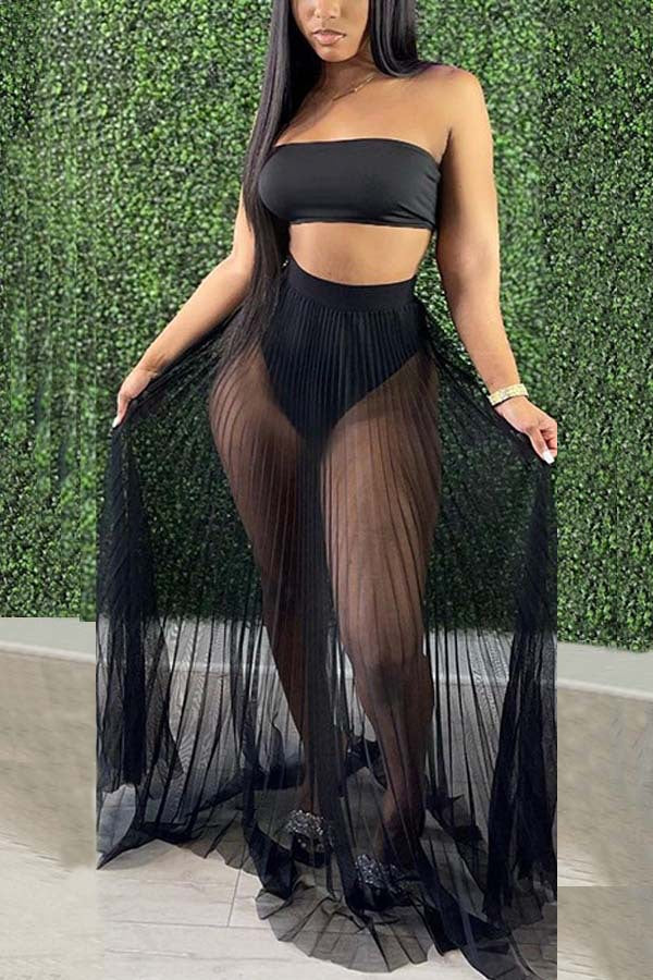 Fashion Women Mesh Pleated Skirt Three-piece Dress