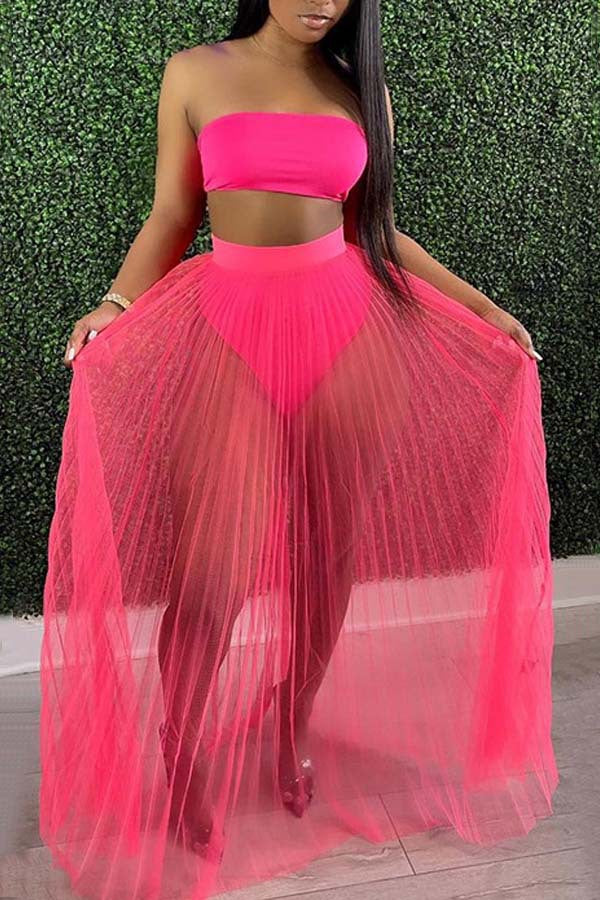 Fashion Women Mesh Pleated Skirt Three-piece Dress