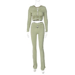 Fashion Round Neck Long Sleeve Top Hollow-out Slim Pants Suit