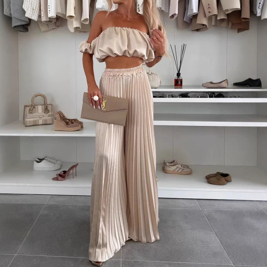 Women's Fashion Satin Tube Top Wide Leg Pants Suit
