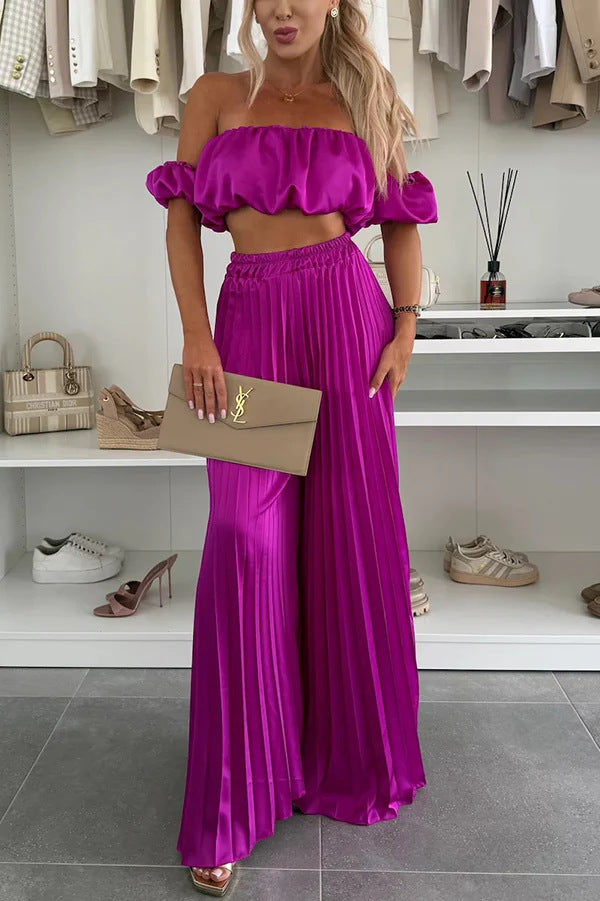 Women's Fashion Satin Tube Top Wide Leg Pants Suit