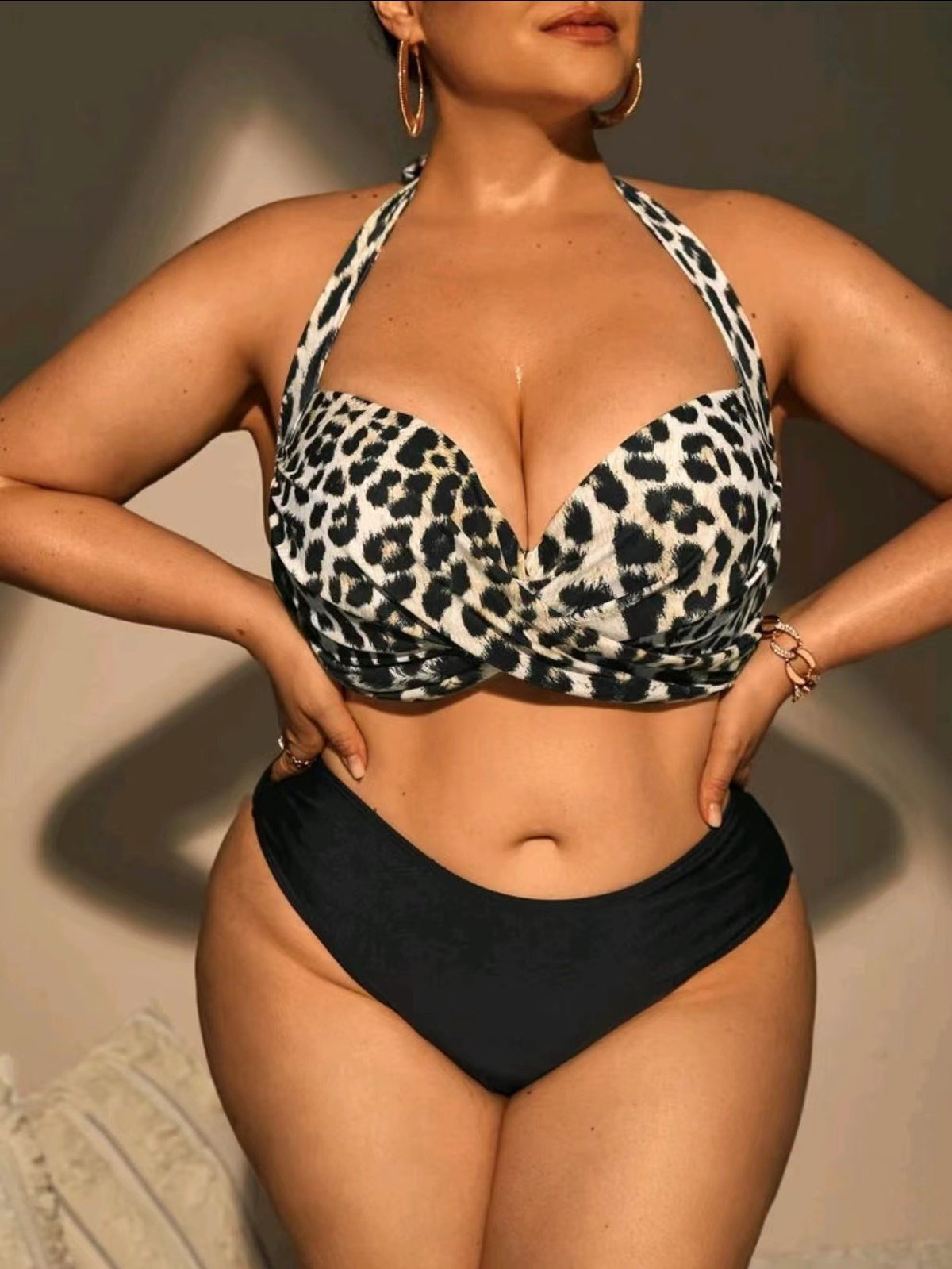 European And American Big Chest Hard Bag Plus Size Swimsuit Split High Waist Leopard Print Bikini