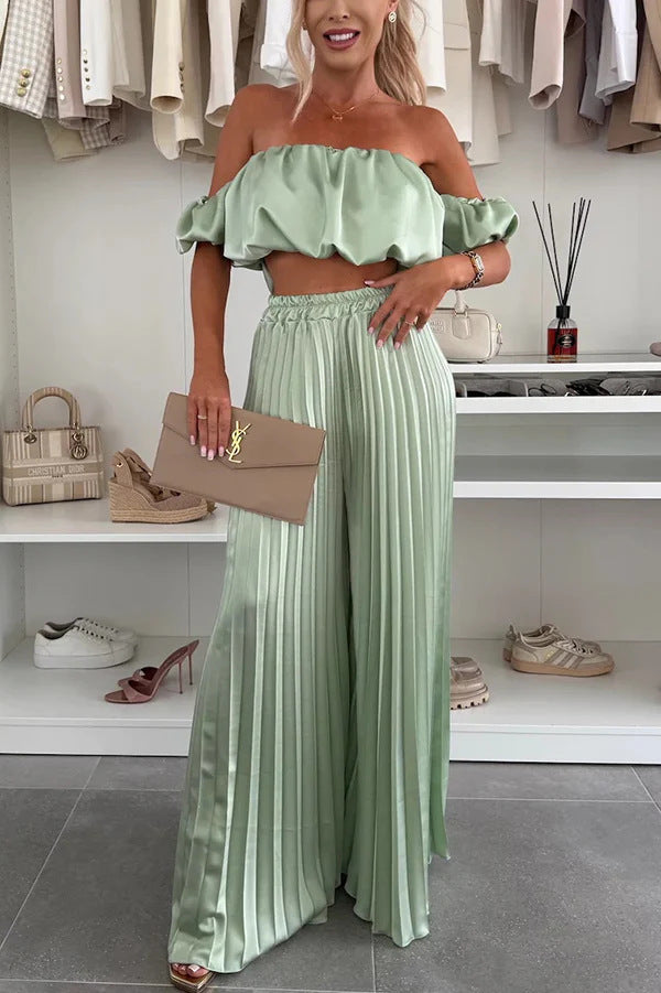 Women's Fashion Satin Tube Top Wide Leg Pants Suit