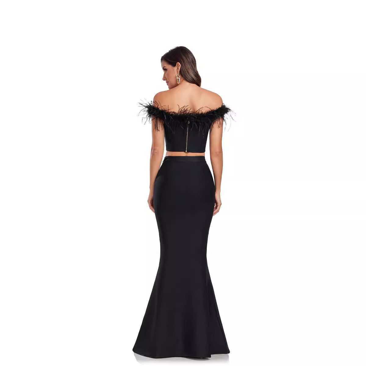 Ostrich Feather Off-shoulder Fishtail Dress Two-piece Set