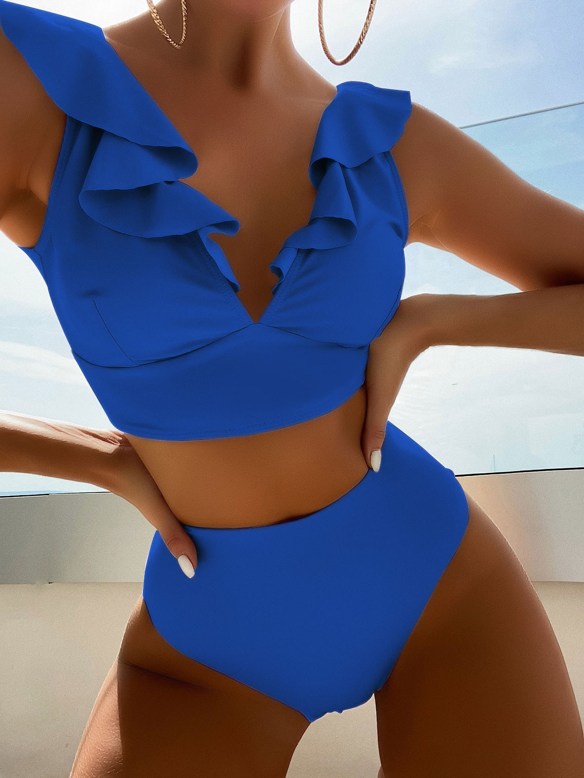 Women's Flounced V-neck Split Swimsuit High Waist Split Bikini