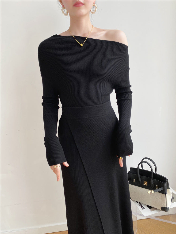Autumn And Winter French Retro Cashmere Off-shoulder Irregular Top Two-piece Set