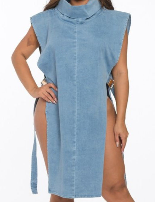Denim Washed High Collar Dress Women