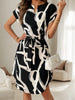 Abstract Print Belted Short Sleeve Midi Dress