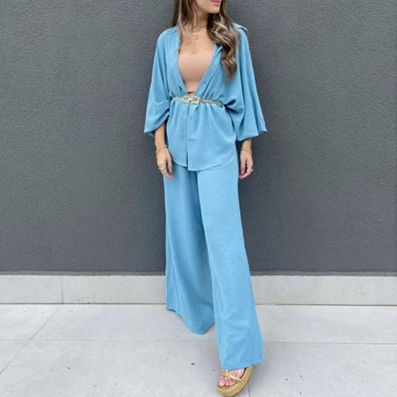 Solid Color Single Breasted Lantern Sleeve Shirt And Pants