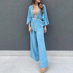 Solid Color Single Breasted Lantern Sleeve Shirt And Pants