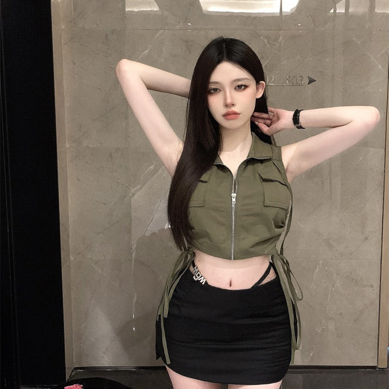 Vest Pocket Sleeveless Top With Lapels