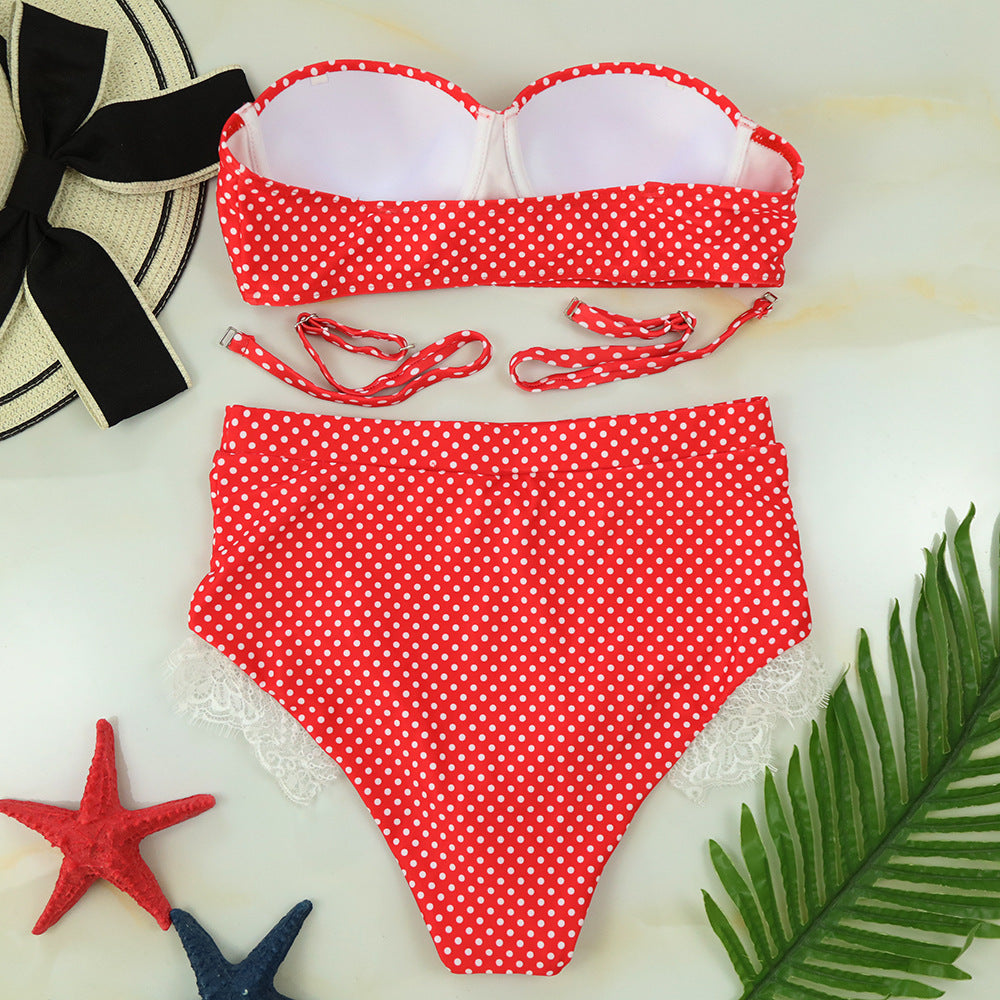 Swimsuit Split Polka Dot High Waist Underwire Lace Bikini