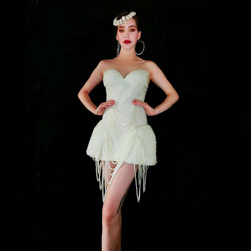 Women's Fashion White Beaded Tube Top Wrap Skinny Skirt