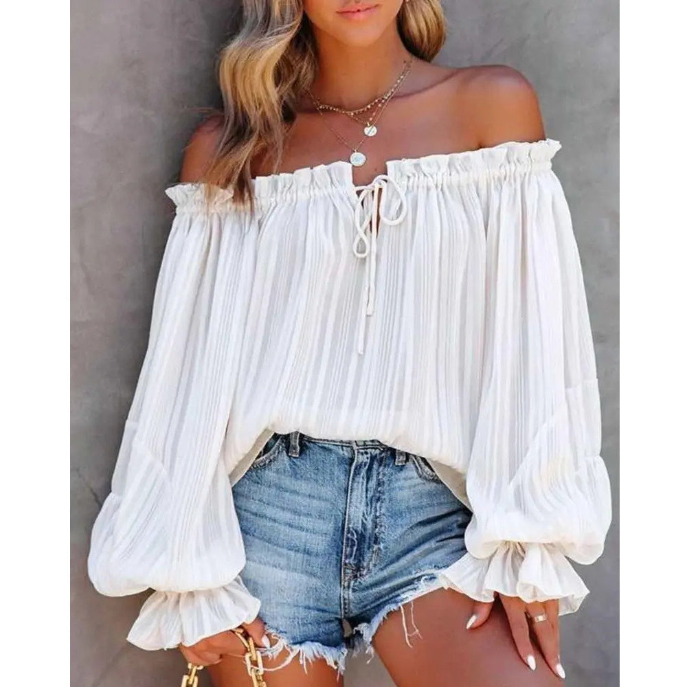 European And American New Off-shoulder Off-shoulder Top Off-shoulder Elastic Loose Bishop Sleeves Top