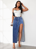 High Slit Denim Skirt Women's Washed Solid Color Midi Skirt