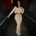 Fashion Round Neck Long Sleeve Top Hollow-out Slim Pants Suit