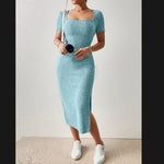 Square Collar Side Slit Rib Knit Dress