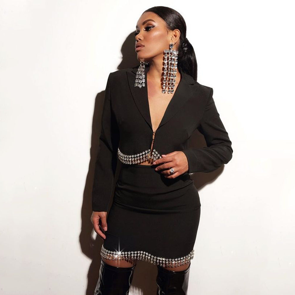 Fashion Long Sleeve Tassel Top Short Skirt Two-piece Set