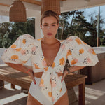 Women's Split High Waist Solid Color Swimsuit Puff Sleeve Polka Dot New Bikini