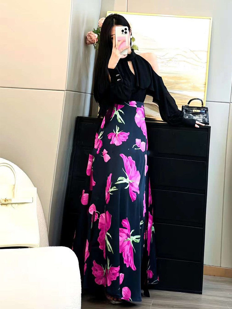 Women's Off-shoulder Halter Shirt Chiffon Top And Skirt