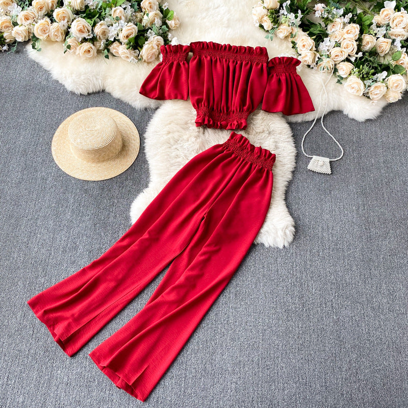 Wide Leg Pants Tube Top Off Shoulder Two Piece Set