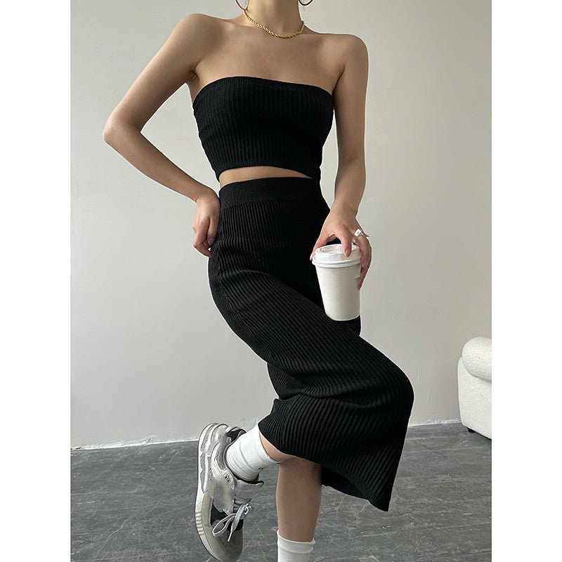 Women's Knitted Wrap Skirt Two Piece Set