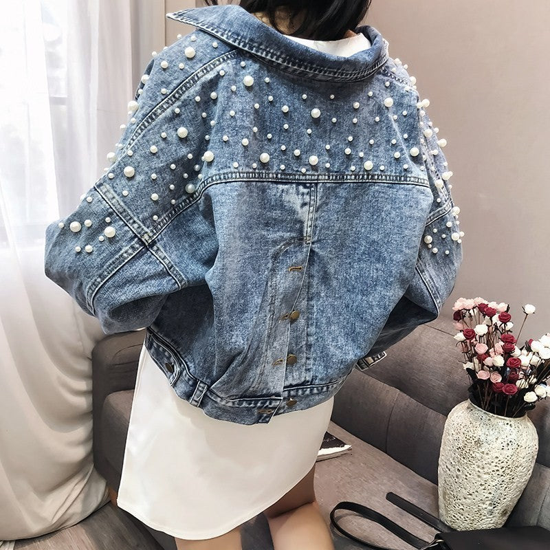 Heavy Industry Beads Short Denim Coat Women's Slimming