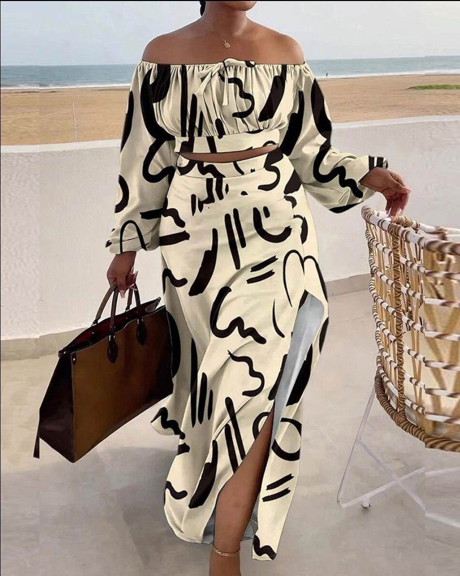 Cross-border Amazon Casual Off-the-shoulder Split Vacation Dress Two-piece Set