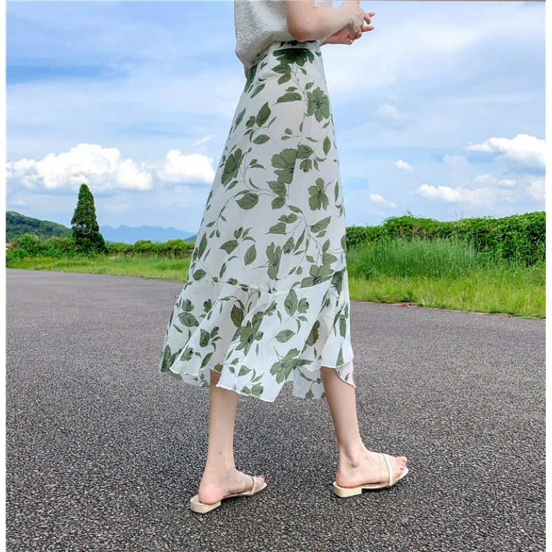 Vacation Style Floral Skirt Chiffon Dress Skirt One-piece Ruffled