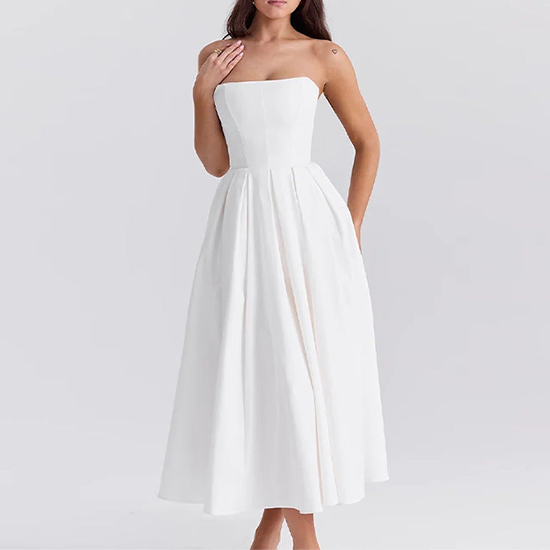 Fashion Off-shoulder Tube Top Pleated Dress