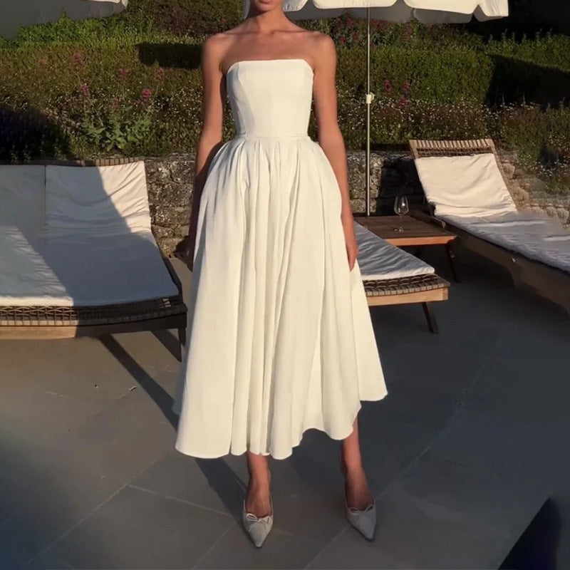 Fashion Off-shoulder Tube Top Pleated Dress
